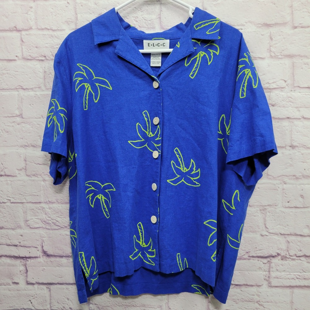 VTG ELCC Palm Tree Button Shirt Womens XL Linen Blend Blue Tropical Beach Cabana